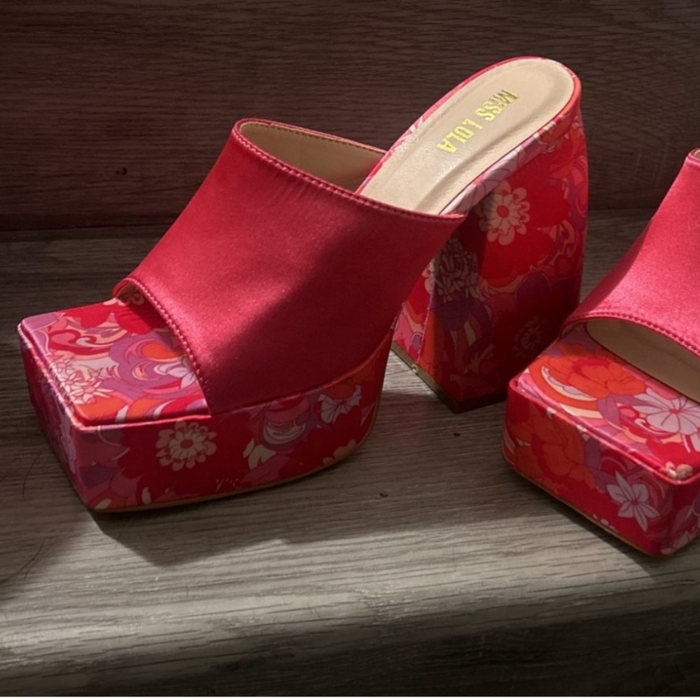 floral pink chunky heel